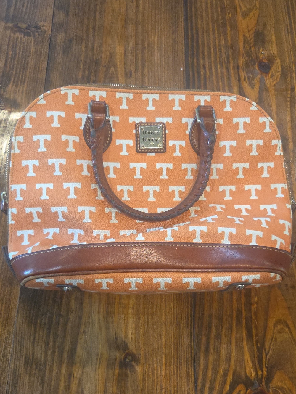Dooney & Bourke Orange and White TENNESSEE Logo Satchel with Brown Trim